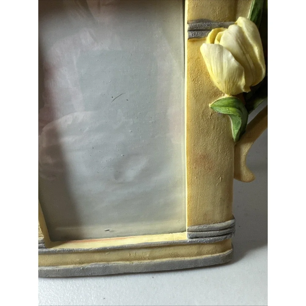 VTG WATERING CAN GARDENING TOOLS PINK TULIPS PICTURE PHOTO FRAME CERAMIC POTTERY